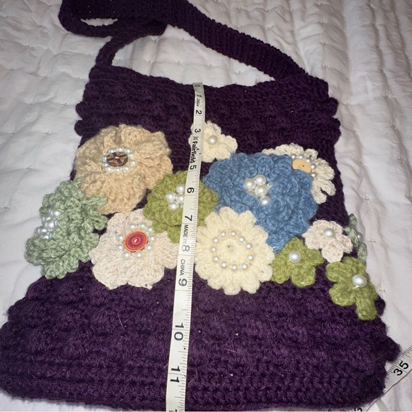 Handmade Elegant Floral Crochet Crossbody Bag - Purple, Green, Cream, Blue -New - Picture 9 of 9